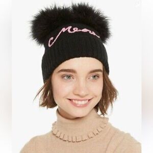 KATE SPADE NEW YORK Cat Meow Black Beanie Hat Winter Kitty Marabou Ears Adult OS